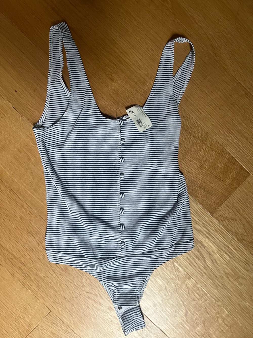 Olivaceous Navy and White Striped Button-Front Tank Bodysuit